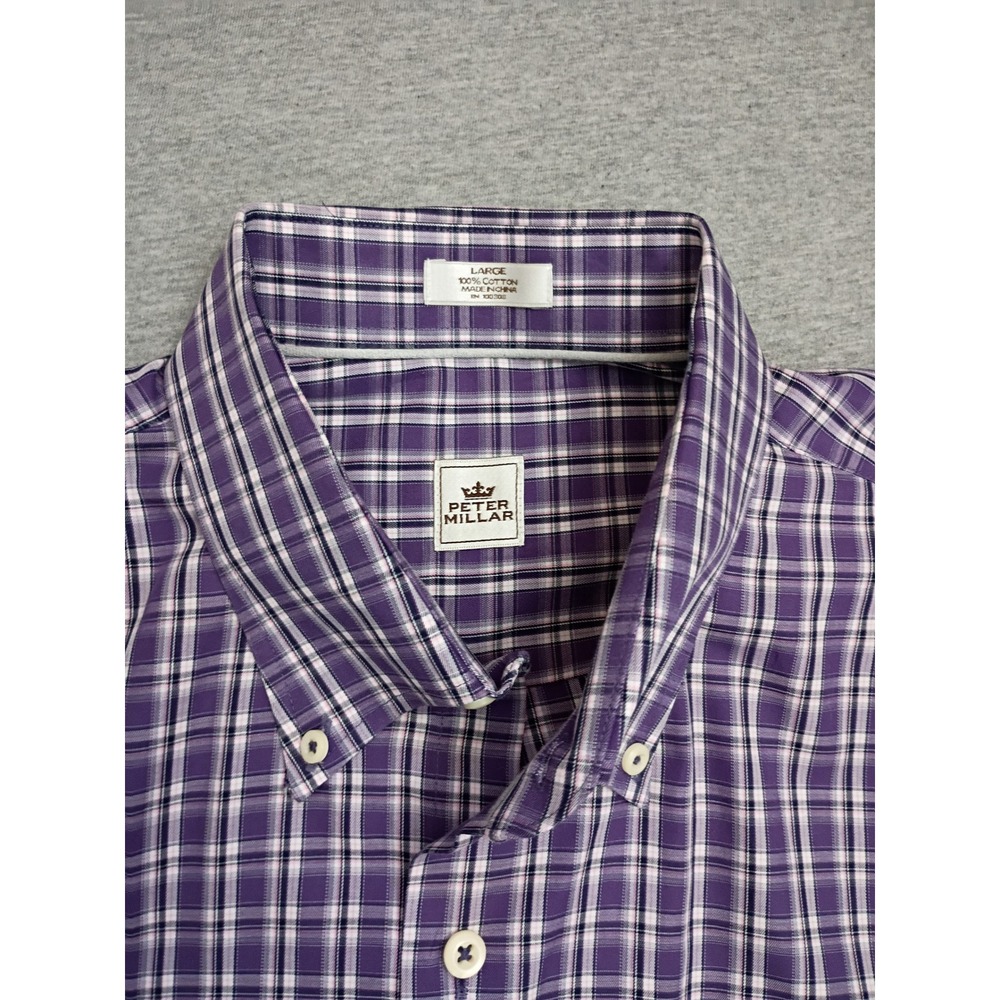 Peter Millar Mens Purple White Plaid Cotton Button Down Shirt Large MF16W37CBL - Picture 4 of 10
